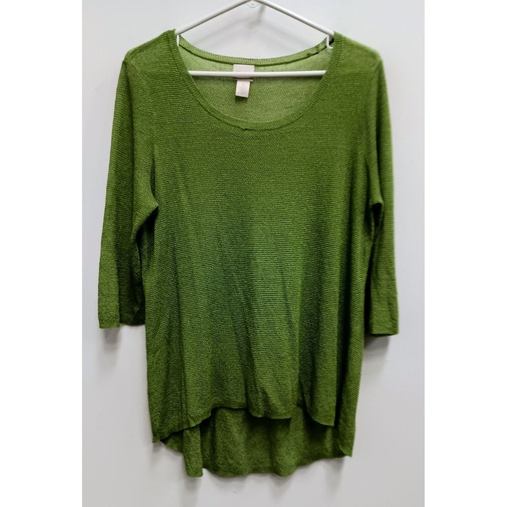 Chicos Sweater Womens 1 Medium Green High-Low 3/4 Sleeve Knit Casual Pullover